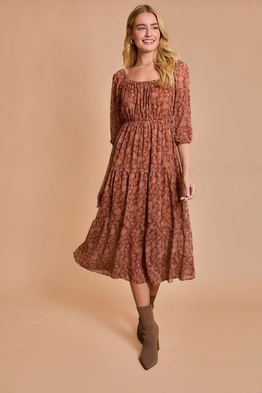 SARITA SCOOP NECK LONG SLEEVE PAISLEY PRINT DRESS