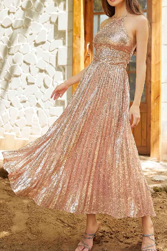 TastyHottie - Sequin Pleated Halterneck Backless Midi Dress