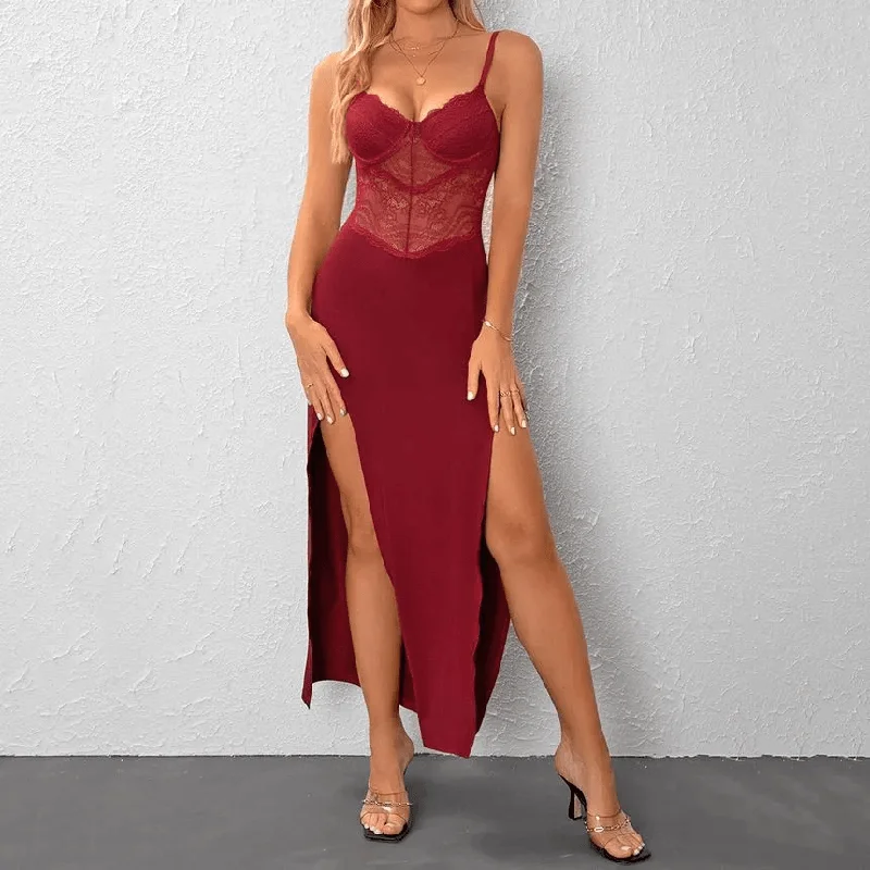 KittenAlarm - Stella Spaghetti Strap Plain Slit Panel Lace Maxi Dress