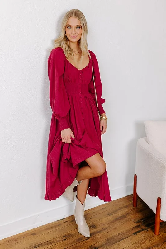 Sunset Views Button Down Midi in Wine