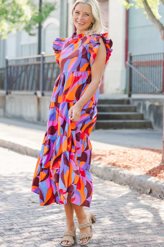 Whatever It Takes Orange Abstract Midi Dress