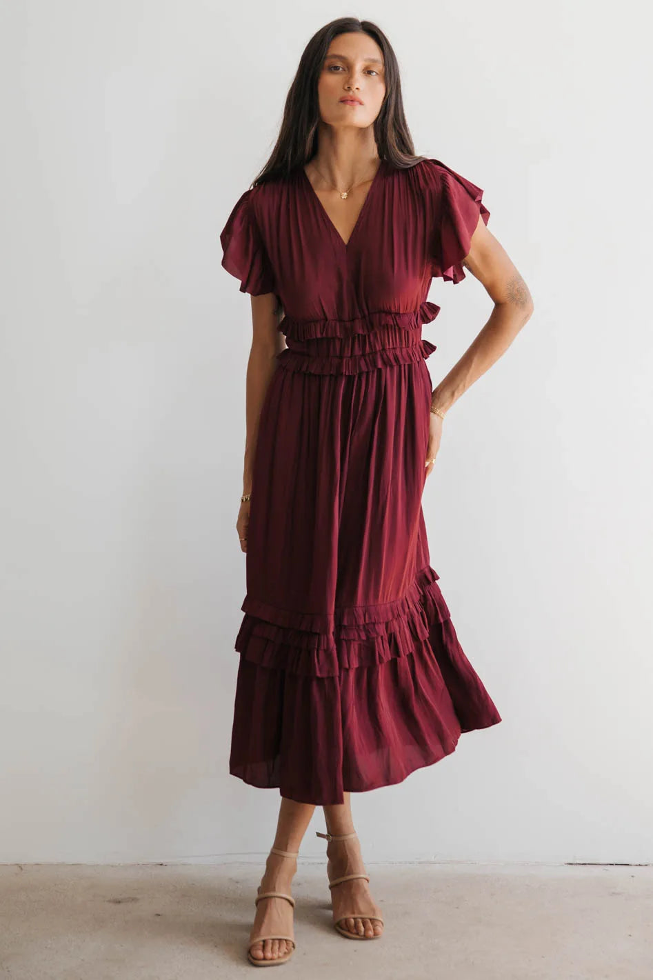 Willa Ruffle Dress in Burgundy