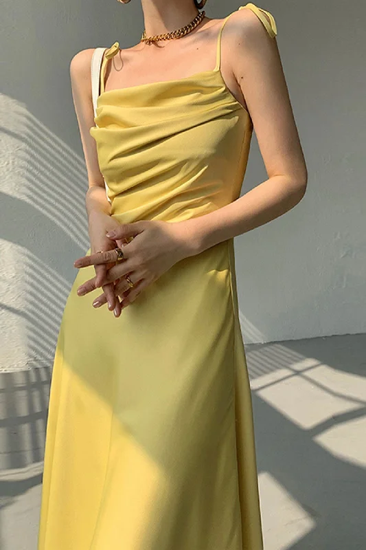 TastyHottie - Yellow Satin Ruched Cami Dress