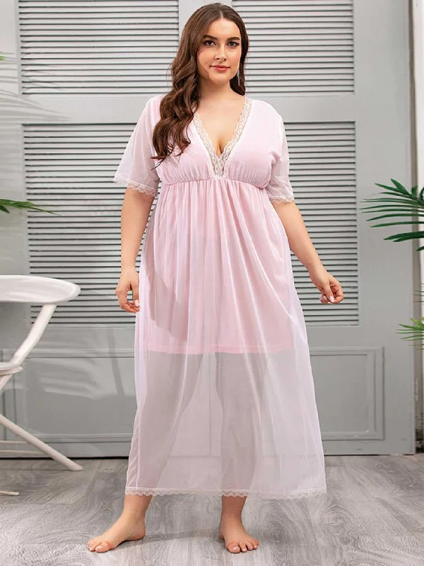 KittenAlarm - Plus Size Mesh V-neck Lace Sheer Lounge Wear Nightdress