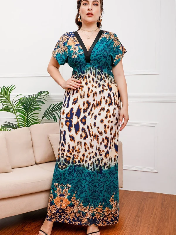 KittenAlarm - Plus size Black Leopard Smocked Waist Maxi Dress