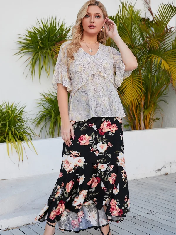 KittenAlarm - Plus size Elastic Waist Floral Skirt