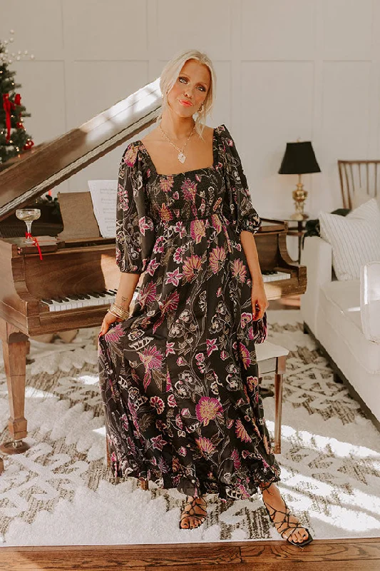 Autumn Encounters Satin Floral Maxi Dress