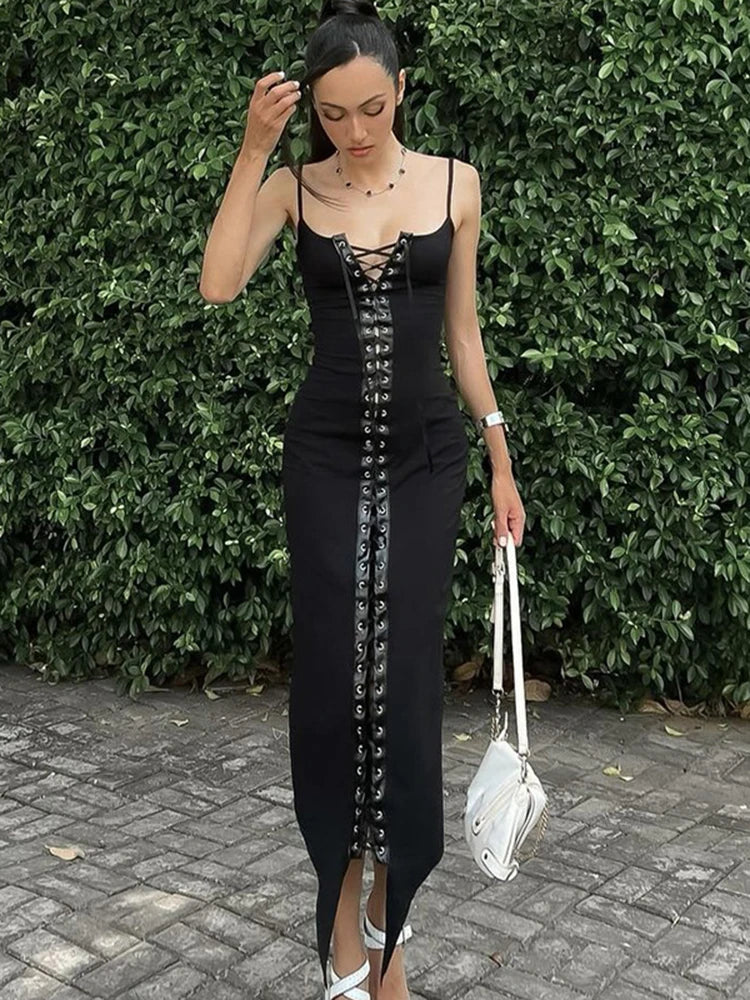 Elegant Stitching Lace Up Suspender Maxi Dress Women Slim Club Maxi Dress