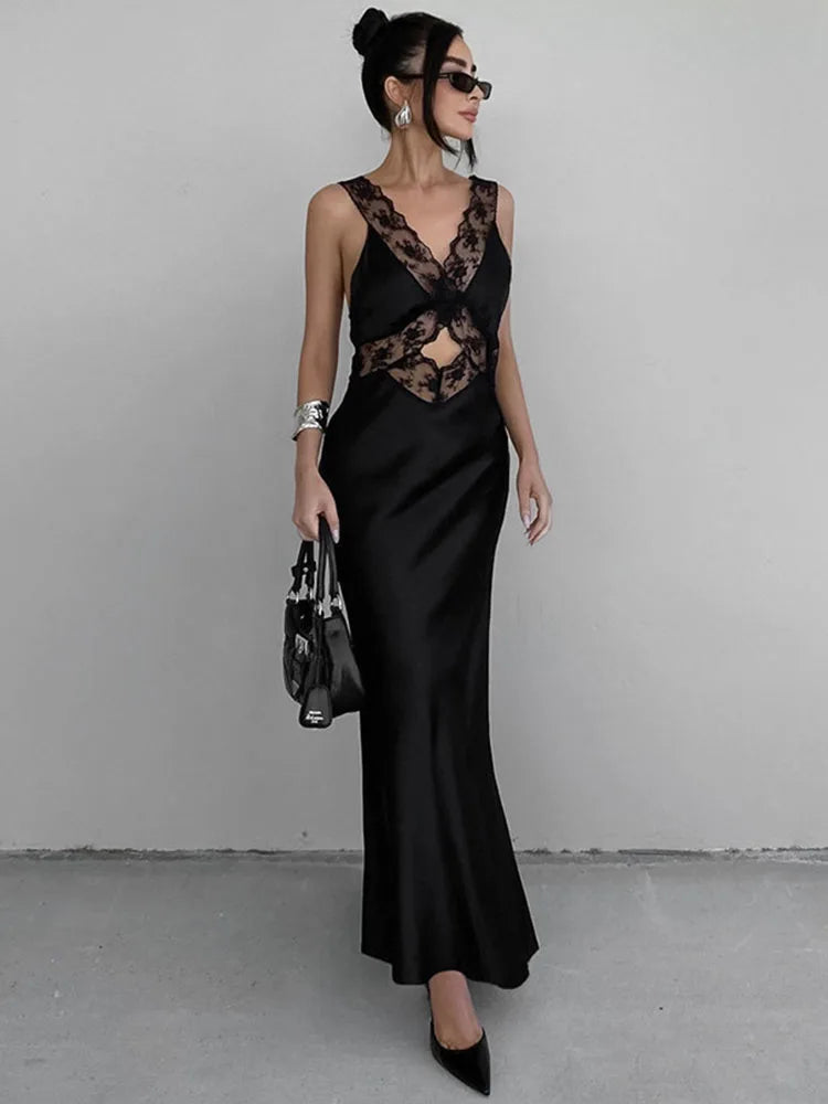 Lace Slim Maxi Dresses For Women Deep V Neck Sexy High Waist Maxi Dress