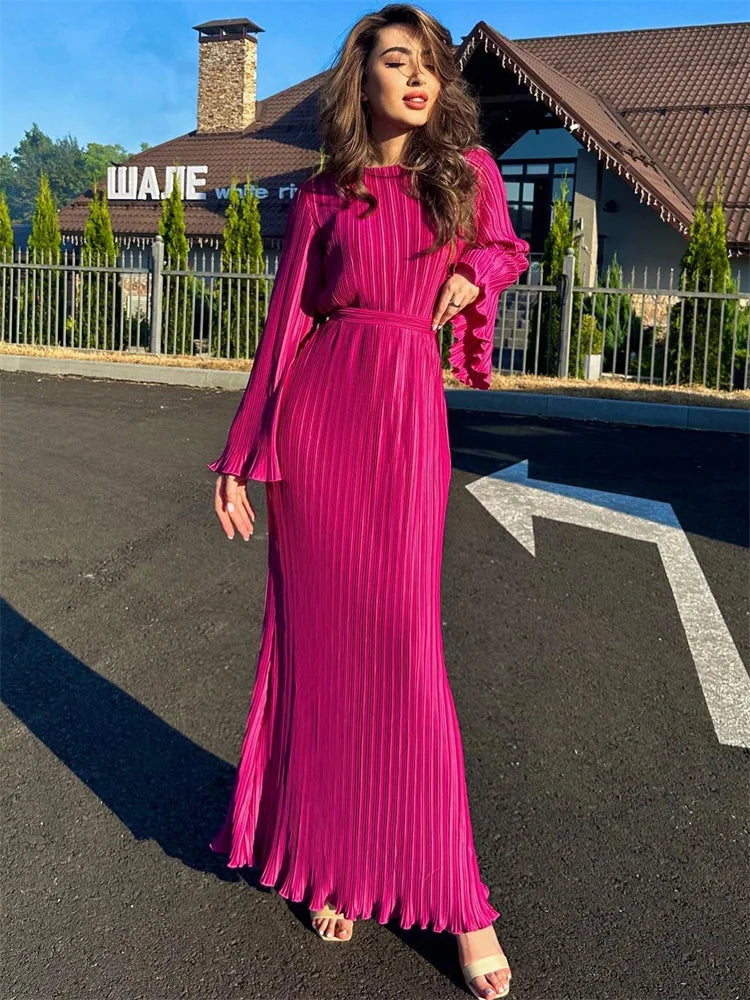 Ruffled Lace Up Maxi Dresses Women High Waist Elegant Bandage Maxi Dress