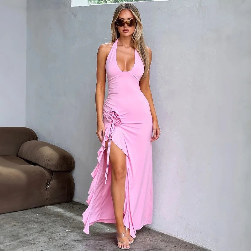 Sexy Deep V Neck Halter Neck Floral Applique Maxi Dress Women Ruffle Split Maxi Dress