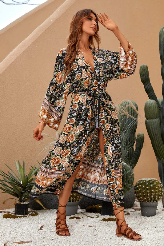 Shaken Leaves Floral Boho Maxi Dress