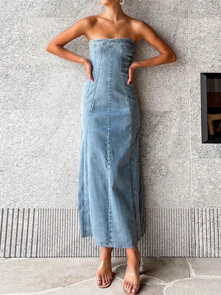 Side Slit Denim Bodycon Dress Women Slim Sleeveless Maxi Dress