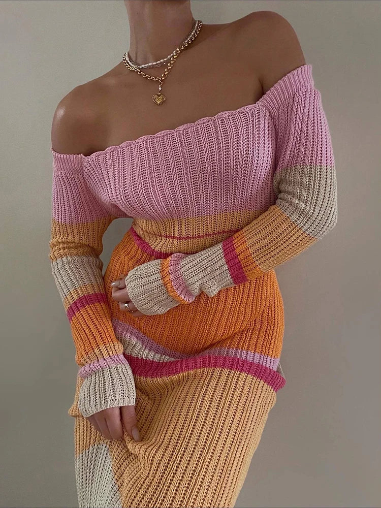 Striped Knitted Autumn Dress Women Sexy Long Sleeve Bodycon Maxi Dress