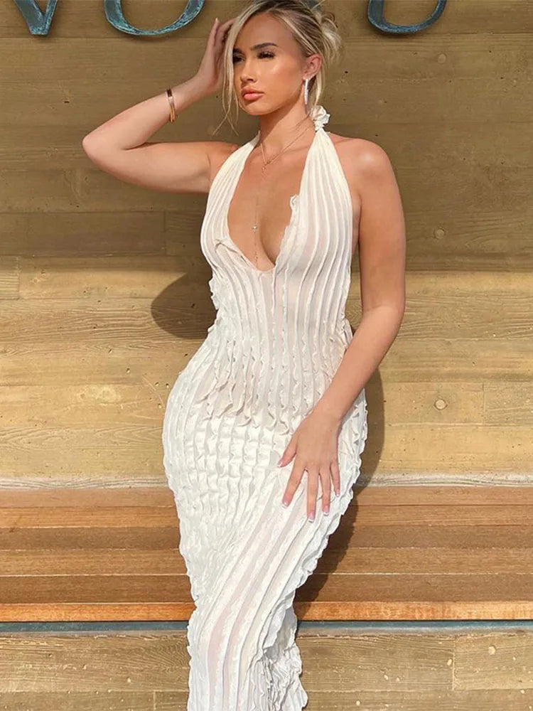 V Neck See Through Maxi Dresses Women Backless Sleeveless Bodycon Maxi Dress