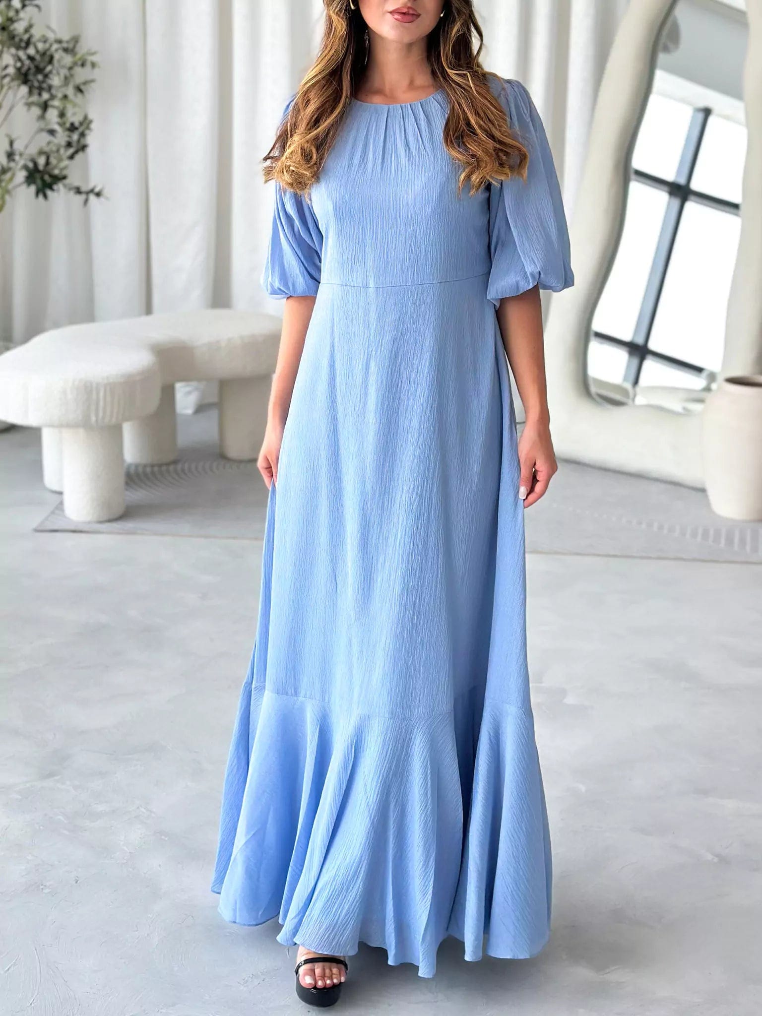 Whispering Petals Blue Solid Long Dress