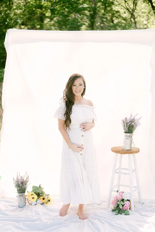 White Eyelet Lace Belted Maxi Dress